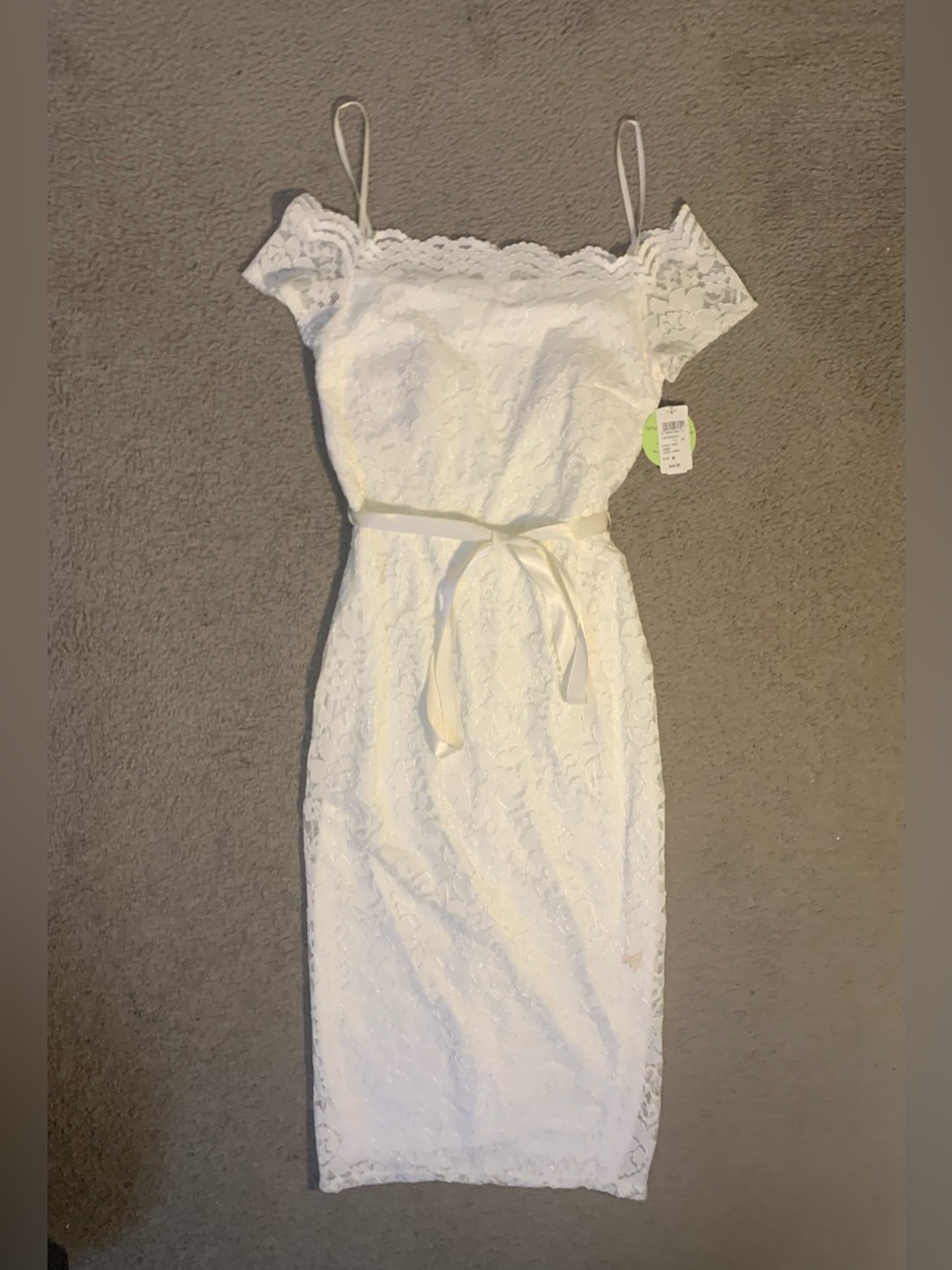 Windsor White Lace Off-Shoulder Midi Dress with Waist Tie